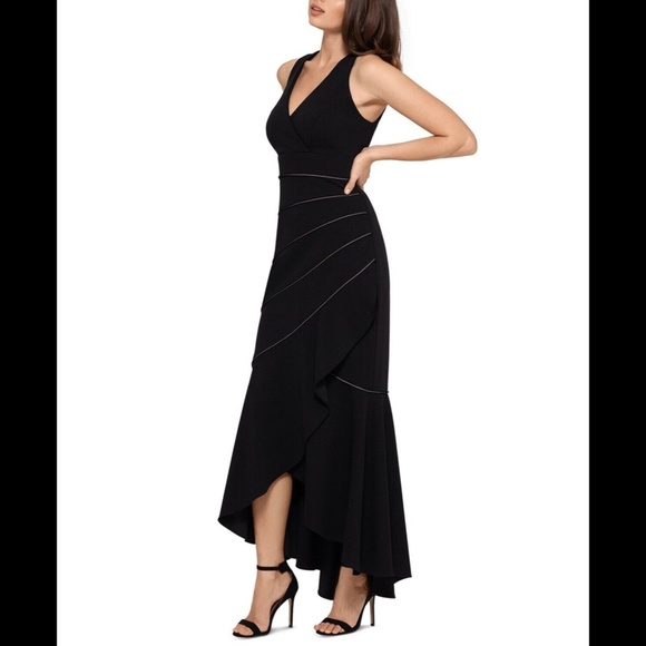 NWT XSCAPE Piped Mermaid Hem Hi Low Gown 10 Black - Picture 4 of 12